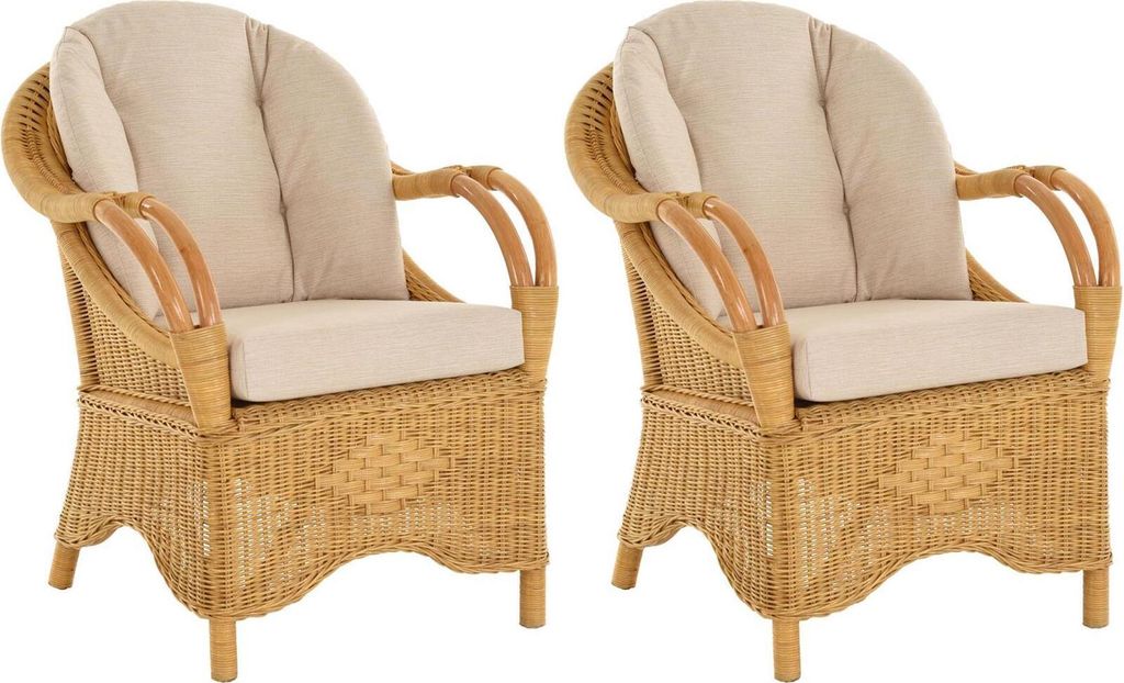 KRINES HOME 2er Set Breiter Wintergarten Rattansessel Natur Rattan Sessel Armlehnsessel Wohnzimmer Rattanmöbel (Honig)