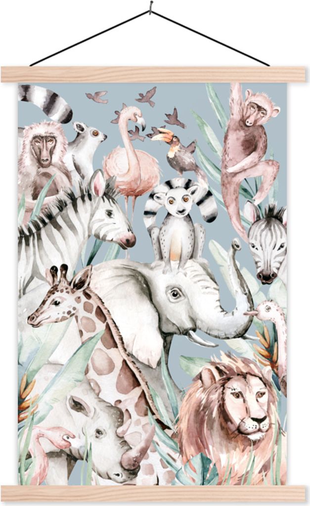 MuchoWow Textilposter Wasserfarben - Tiere - Flamingo - Elefant - Jungen - Blau - Kinder - Kind 40x60 cm mit holzfarbenen Rahmen - Poster