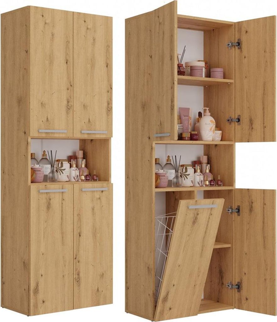 Badezimmerschrank & Bücherregal NEL DK 1K – Kompakter Aufbewahrungsschrank mit Korb | Handwerkliche Eiche | 60x30x174 cm