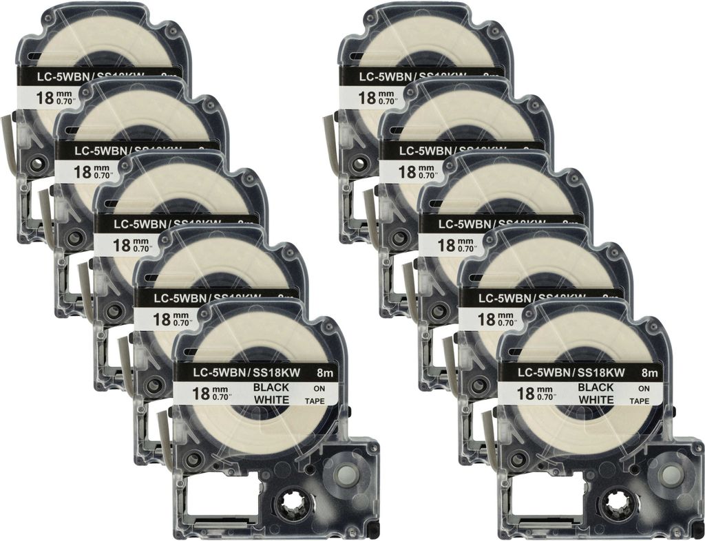 vhbw 10x Schriftband-Kassette kompatibel mit Epson LabelWorks LW-700, LW-1000P, LW-600P, LW-500, LW-400 Etiketten-Drucker 8m x 18mm Schwarz auf Weiß