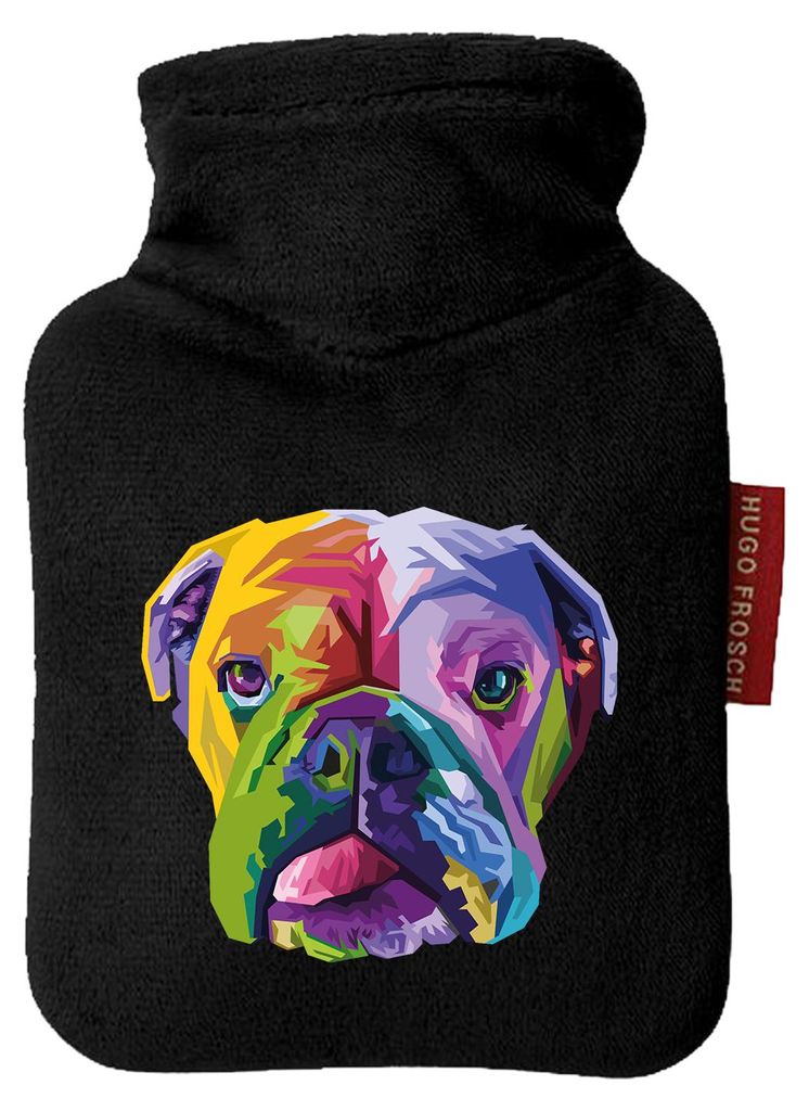Huuraa Mini-Wärmflasche Englische Bulldogge Colorful 0,2 Liter Black Mini Veloursbezug Taschenwärmer Geschenkidee
