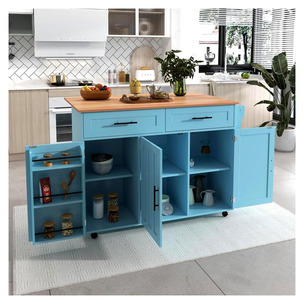 Kücheninsel/Küchenwagen mit Faltbarer Arbeitsplatte, Mobiler Aufbewahrungsschrank auf 5 Rollen mit 3 Schubladen, 129 x 46(71) x 91,5 cm, Blau