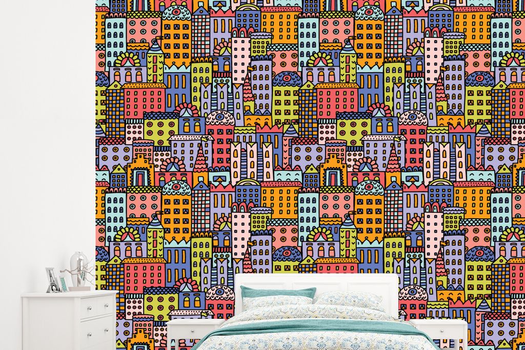 MuchoWow Fototapete für Wohnzimmer oder Schlafzimmer Wandtapete Vinyl Motivtapete Haus - Regenbogen - Muster - 245x220 cm - Gemustert