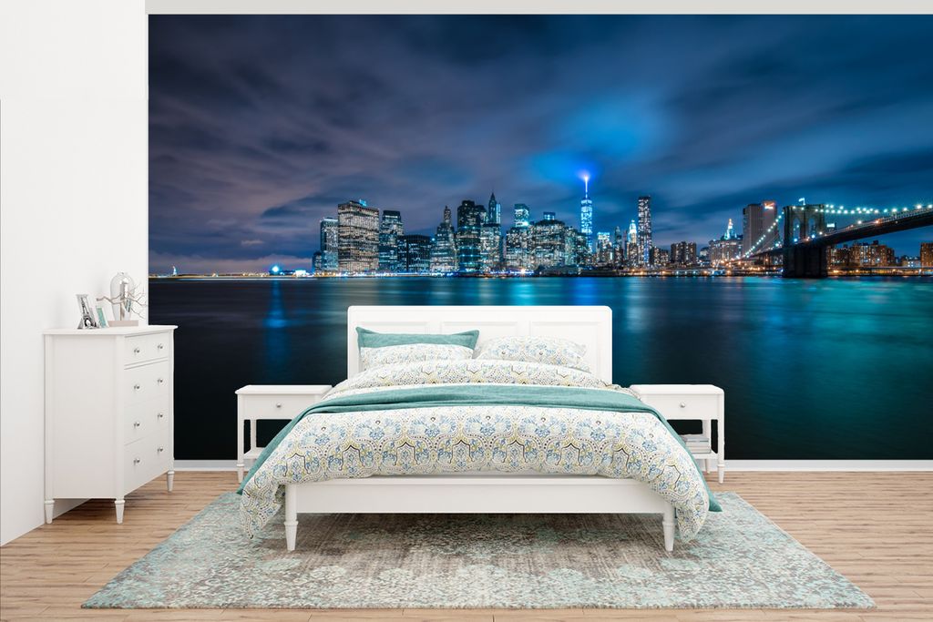 MuchoWow Fototapete für Wohnzimmer oder Schlafzimmer Wandtapete Vinyl Motivtapete Die Brooklyn Bridge in New York bei bewölktem Himmel in der N...
