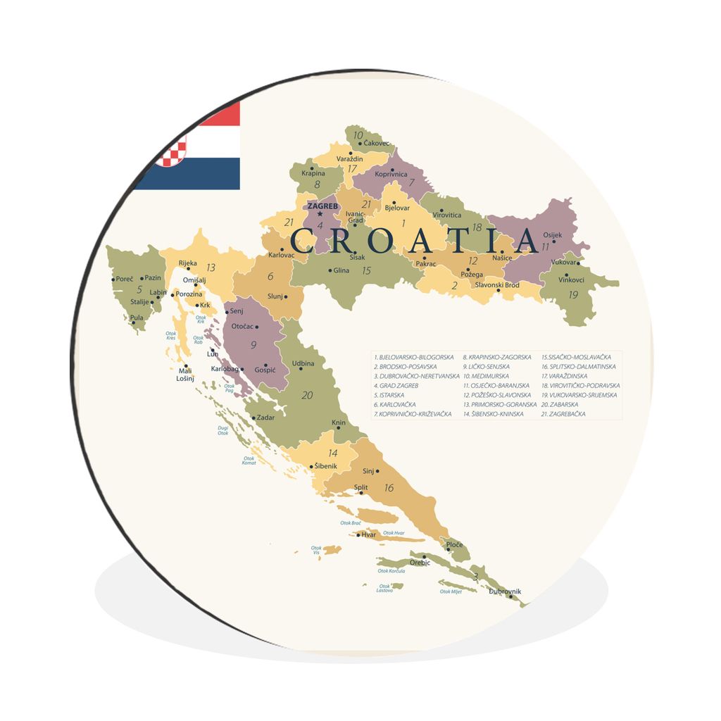 MuchoWow Aluminium Wandkreis Karte von Kroatien mit den wichtigsten Städten und Gebieten Ø 60 cm Wanddeko Modern Wohnzimmer - Wand Kreis - Wand...