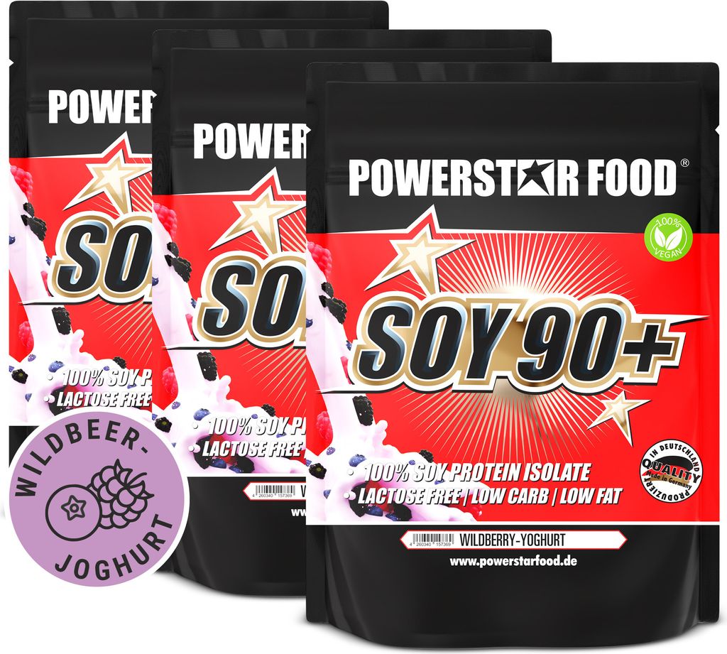 Powerstar SOY 90+ | 3x1kg Soja-Protein-Isolat | Gentechnisch unverändert & GMO-frei | Veganes Eiweiß-Pulver zum Muskelaufbau | Wildberry-Yoghurt