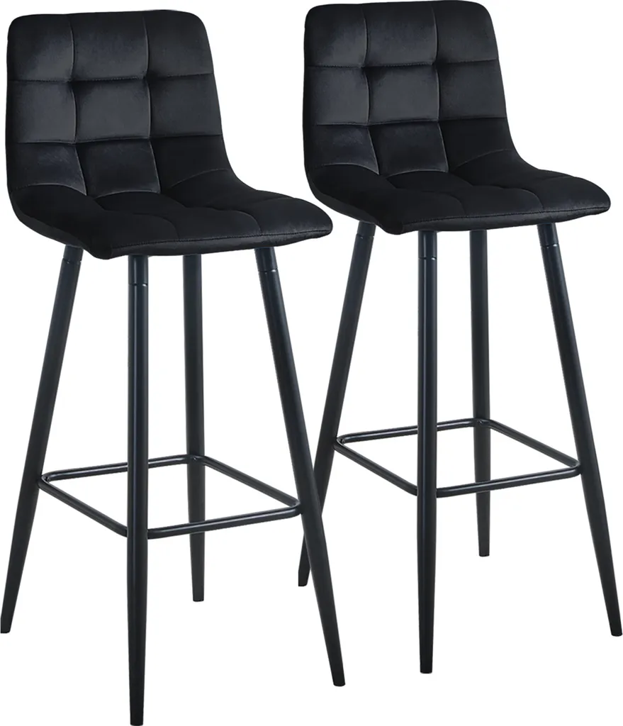 Tabouret de Bar Noir Lot de 2 avec Assise Velours Doux et Pieds Métal