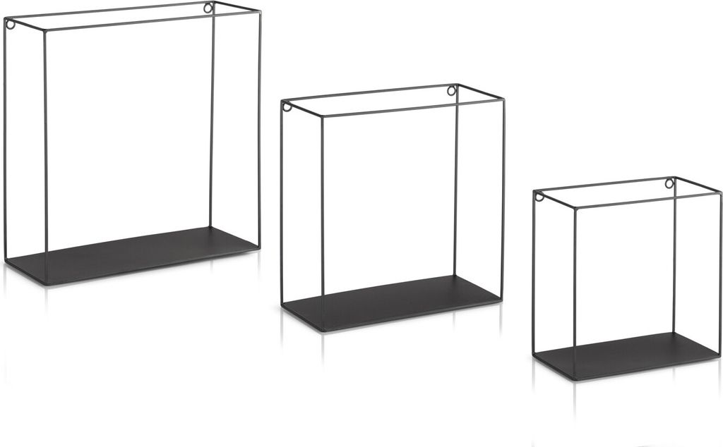 Three black metal wall shelves of varying sizes are displayed against a white background.