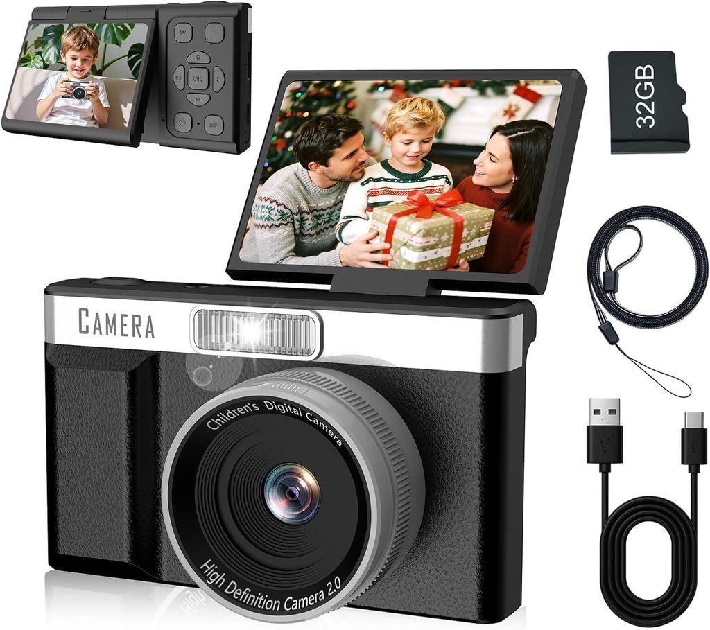 Kinderkamera FHD 1080P 32GB, 2,4 Zoll 180° Drehbildschirm, Digitalkamera für Kinder mit Speicherkarte, 1200mAh Akku, 5 Lernspiele, Geschenk für ...
