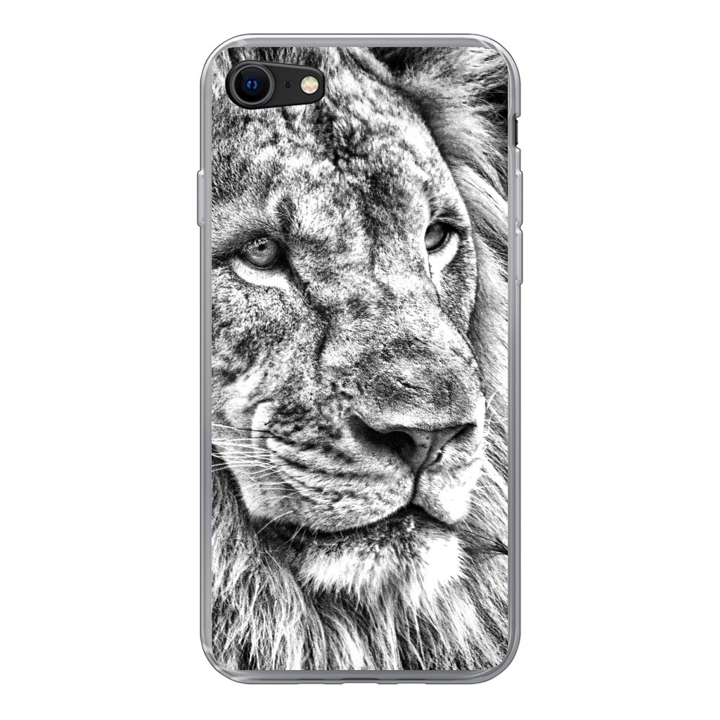 MuchoWow Handyhülle Schutzhülle Hülle für iPhone SE 2020 Porträt - Löwe - Schwarz und weiß Silikon Softcase Handy Hülle - Kartenbesitzer