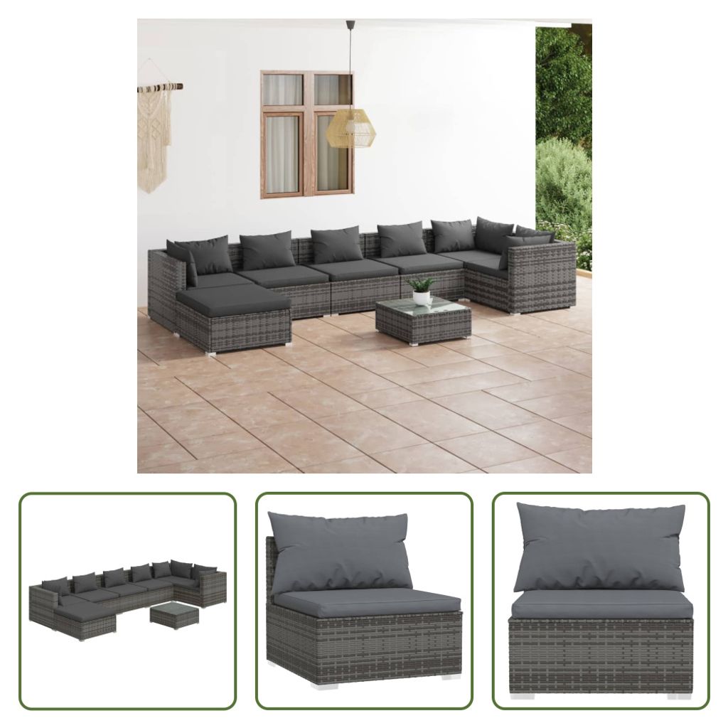 The Living Store 8-tlg. Garten-Lounge-Set mit Kissen Poly Rattan Grau