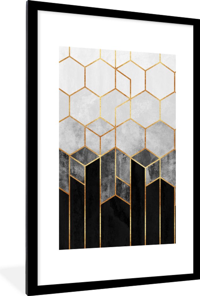 MuchoWow Gerahmtes Poster Gold - Sechseck - Chic - Muster - Luxus 60x90 cm - Poster mit Schwarzem Bilderrahmen Wandposter Rahmen Foto Bilder - De...