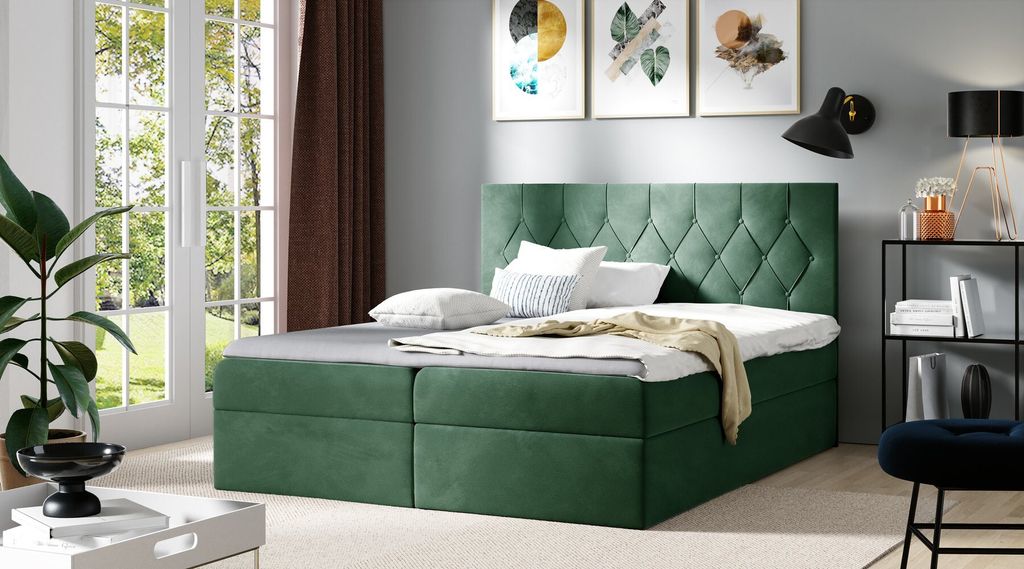 Bett Boxspring TIBOR – 200x200, grün + ER Topper