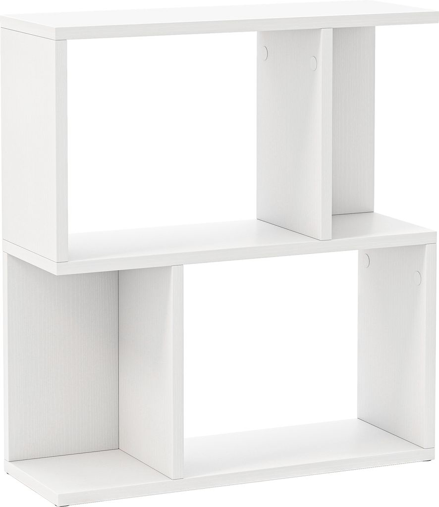 A white, modern, modular bookshelf with four open compartments, arranged in a staggered, two-tier design.