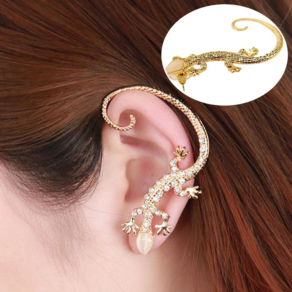 1 Stück Damen-Ohrclips mit Strass-Eidechse, linkes Ohr, Statement-Schmuck-Golden