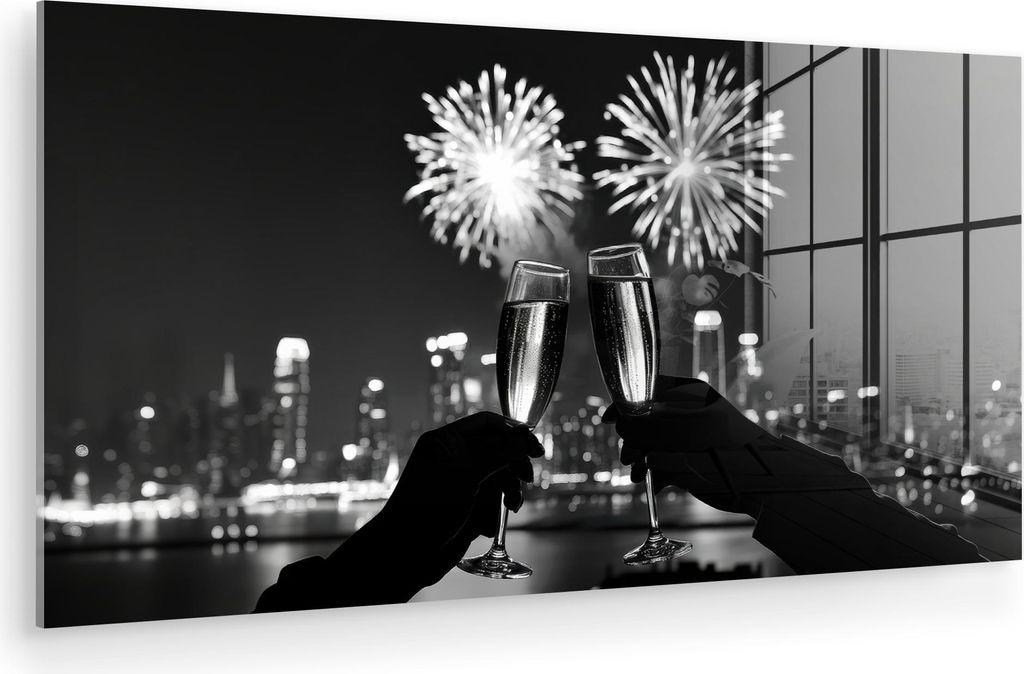 MuchoWow Glasbilder - Bilder auf Wandbild - Foto auf Glas Feuerwerk - Prost - Skyline - Champagner 120x60 cm Wanddekoration aus Glas - Acrylglasbil...