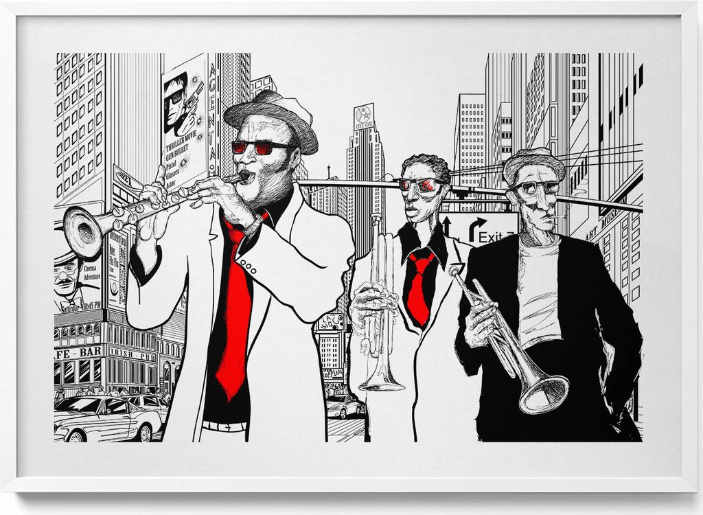 Jazzband– Wandbild mit Rahmen – Gerahmtes Bild – Wanddekoration – 100x70 cm – Weiß Rahmen