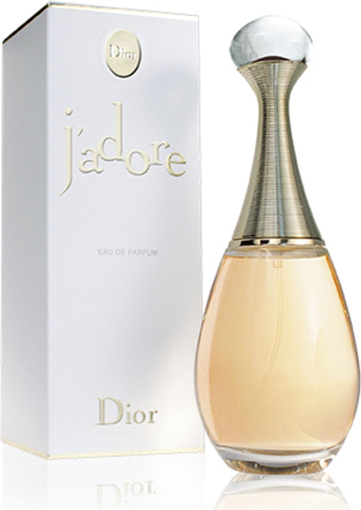 A bottle of Dior J'adore Eau de Parfum and its packaging are displayed against a white background.