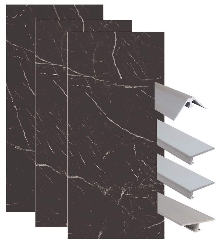 ONDEE ZEN – Komplettes Montageset für Wandpaneele „Schwarzer Marmor“, 200 cm – inklusive verchromtem Profil
