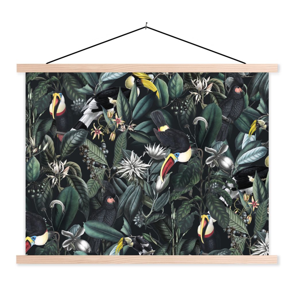 MuchoWow Textilposter Blumen - Tukan - Blätter 120x90 cm mit holzfarbenen Rahmen - Magnetisch
