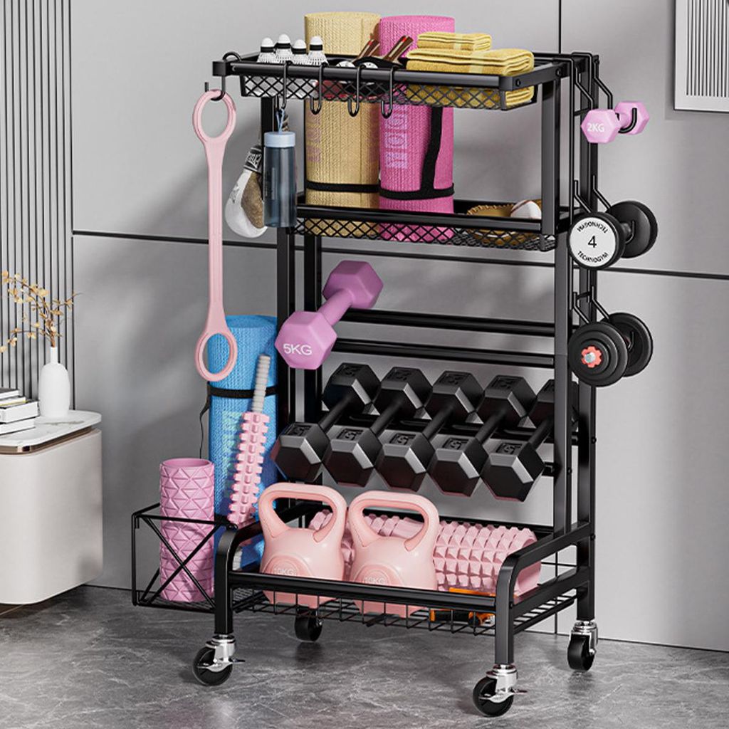 Lagerregal 4 Ebenen aus Kohlenstoffstahl, Hantel-Aufbewahrungsregal, 59×40×113 cm, Schwarz, Rostfrei mit Rollen, Platzsparendes Regal mit Haken