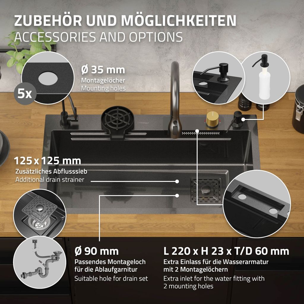 Dřez ML-Design z nerezové oceli, antracitový, s výsuvnou Obrázek produktu 3