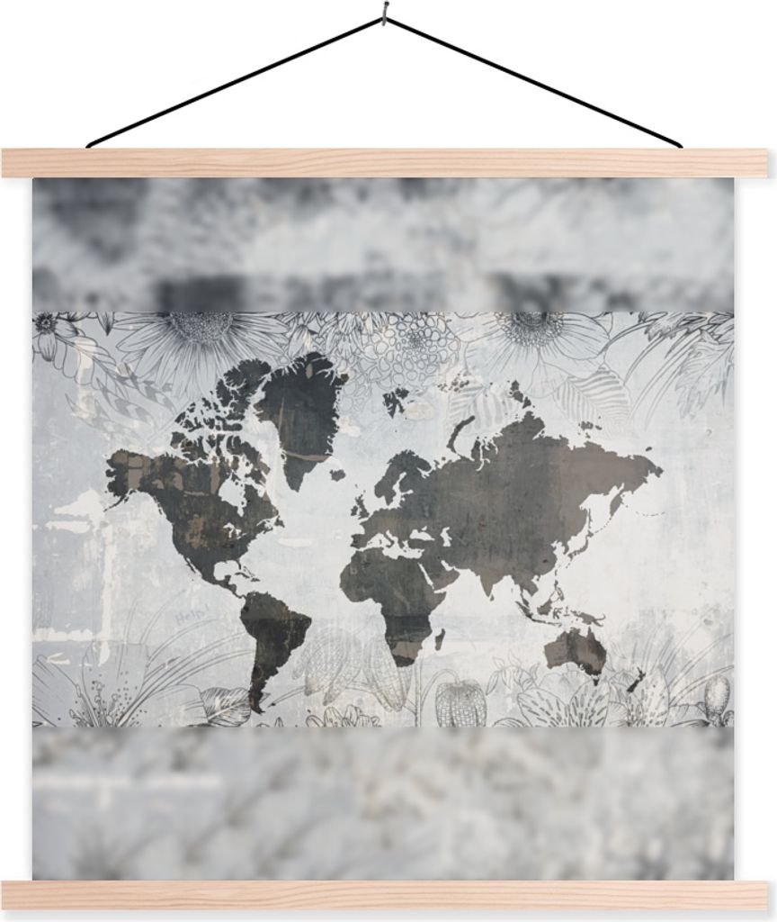 MuchoWow Textilposter Weltkarte - Pflanzen - Grau 120x120 cm mit holzfarbenen Rahmen - Textil-Poster