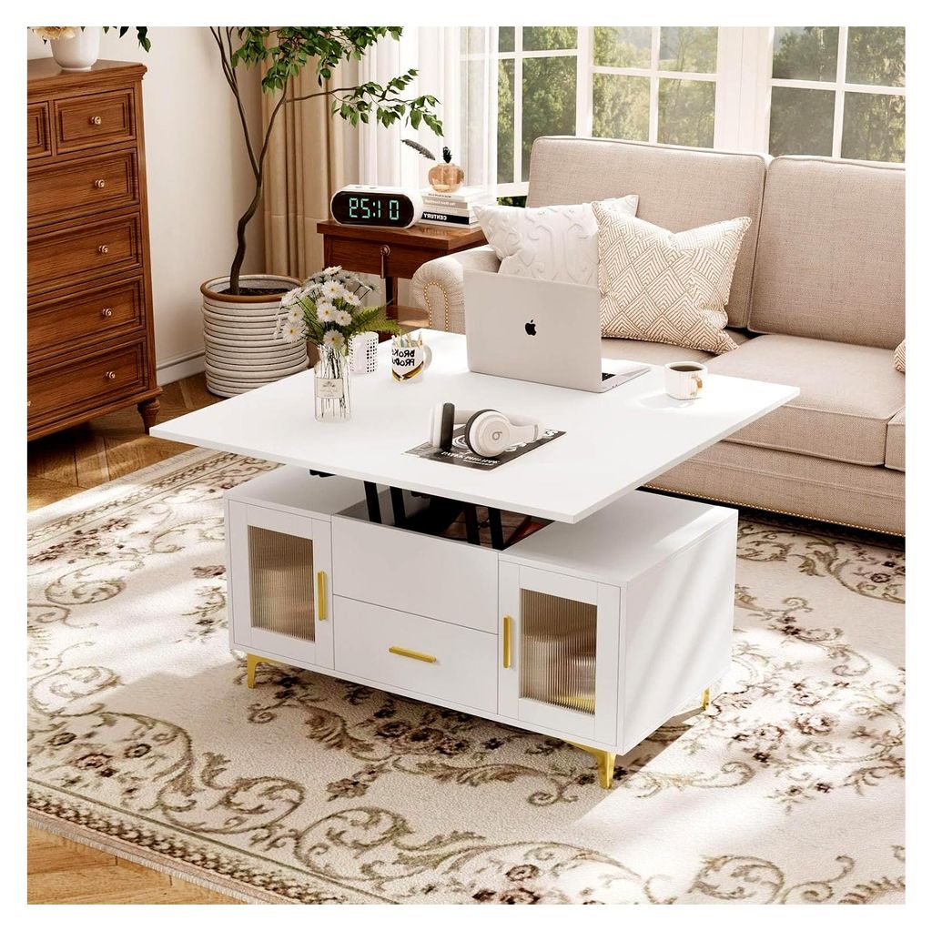 Höhenverstellbarer Couchtisch, 3-in-1-Multifunktionstisch mit Schublade, Couchtisch mit Stauraum, wandelbar in Esstisch für das Wohnzimmer, Weiß