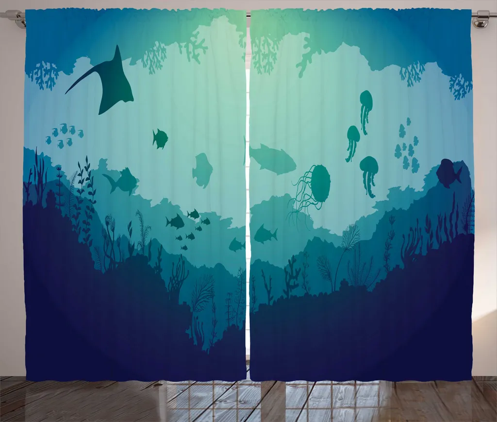 Rideau Grande Largeur pour Salon Thème Mer Méduses Bleu 280 x 225 cm