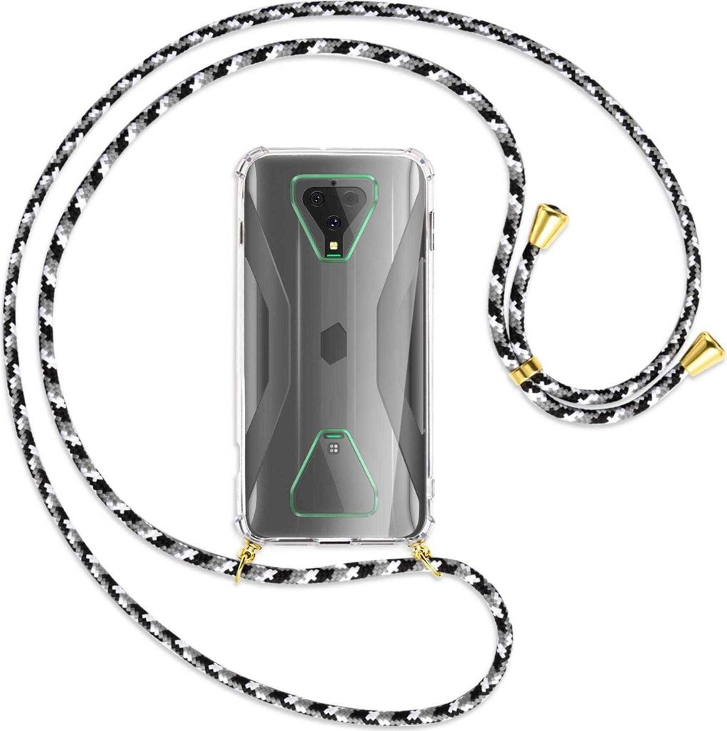 Handykette Backcover-Schutzhülle mit Band (Metall goldfarben) für Xiaomi Black Shark 3 - schwarz/grau/weiß
