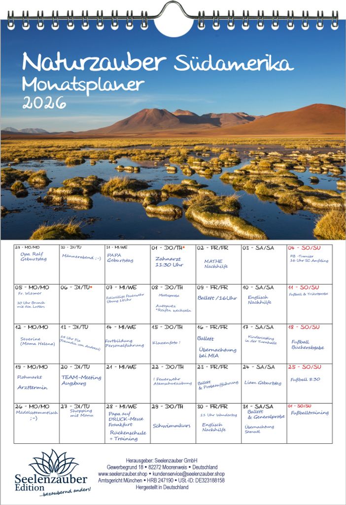 Naturzauber Südamerika Planer DIN A4 Kalender für 2026 Strand Brasilien Peru Argentinien Natur Reise Land Urlaub - Seelenzauber