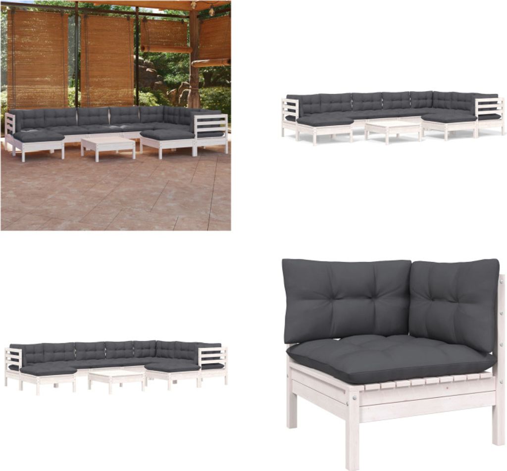 vidaXL 10 tlg. Garten Lounge Set mit Kissen Weiß Kiefer Massivholz - Garten-Lounge-Set - Garten-Lounge-Sets - Gartenmöbel-Set - Gartenmöbel-Sets