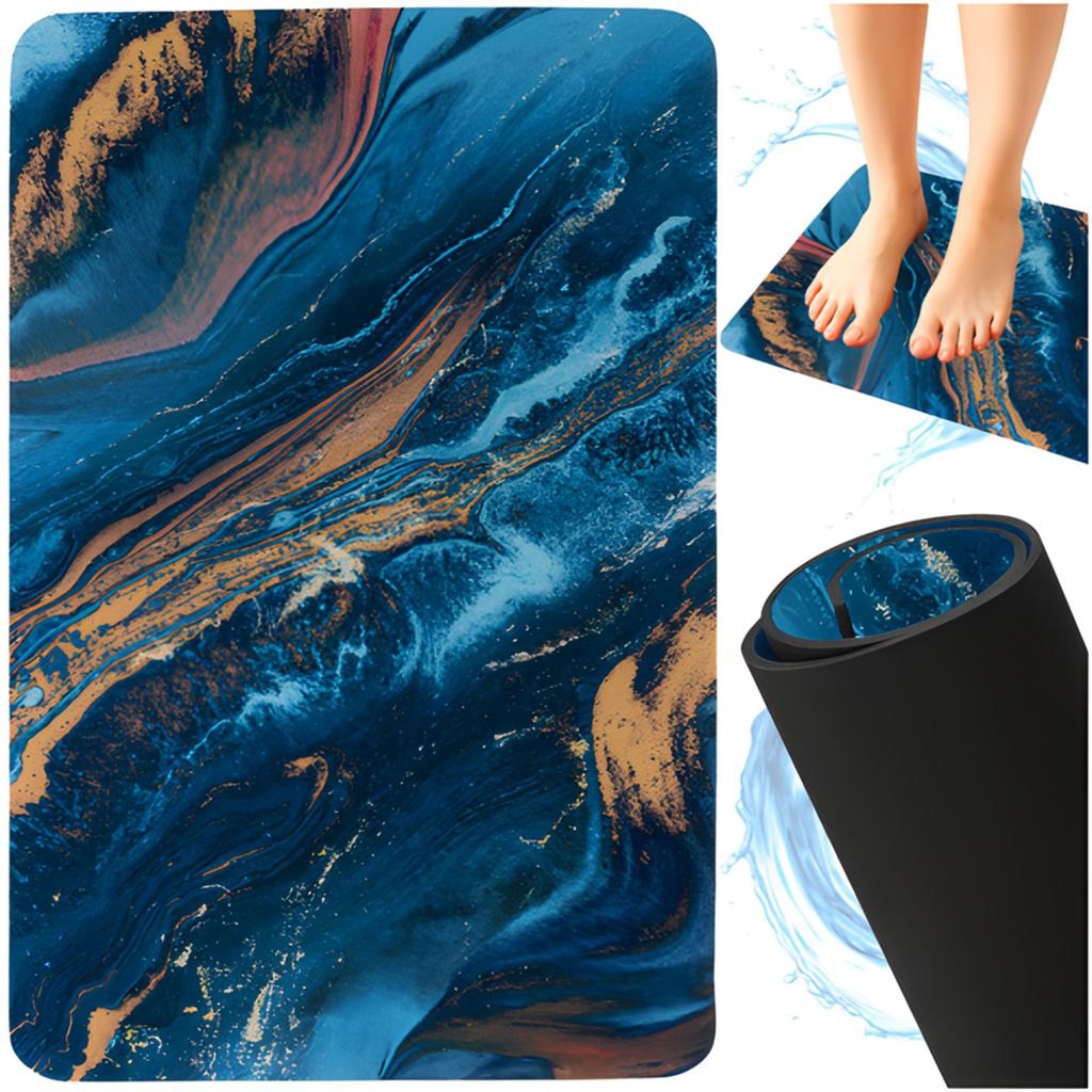 Ruhhy Badematte Marmor - blau - rutschfest - 80 x 50 cm - Badezimmer - Duschvorleger - saugfahig