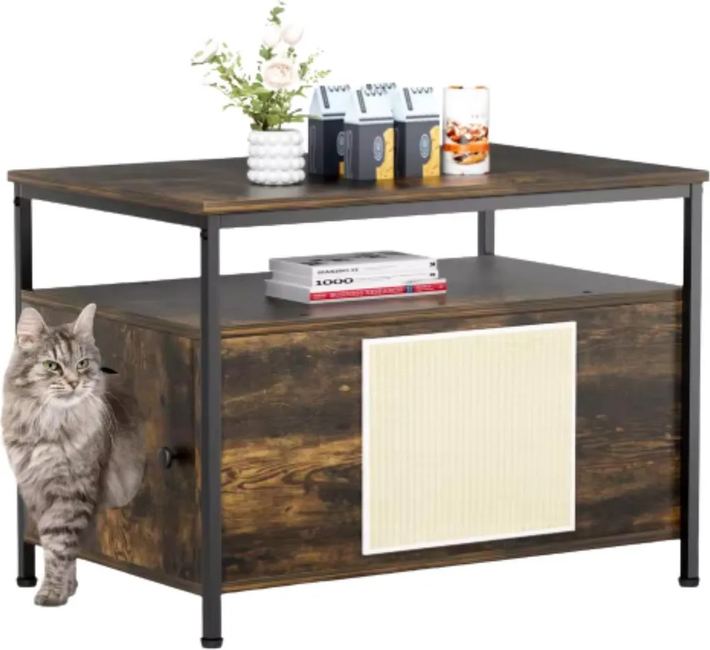 Caisse en bois pour chats et meuble litière caché avec étagère marron