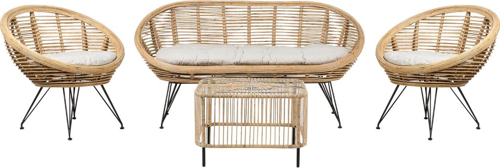 BELIANI 4-Sitzer Lounge Set Natürlich Rattan 4-Teilig Gartensofa 2 Gartenstühle und Couchtisch mit Schwarzem Metallgestell Auflagen Hellbeige Out...
