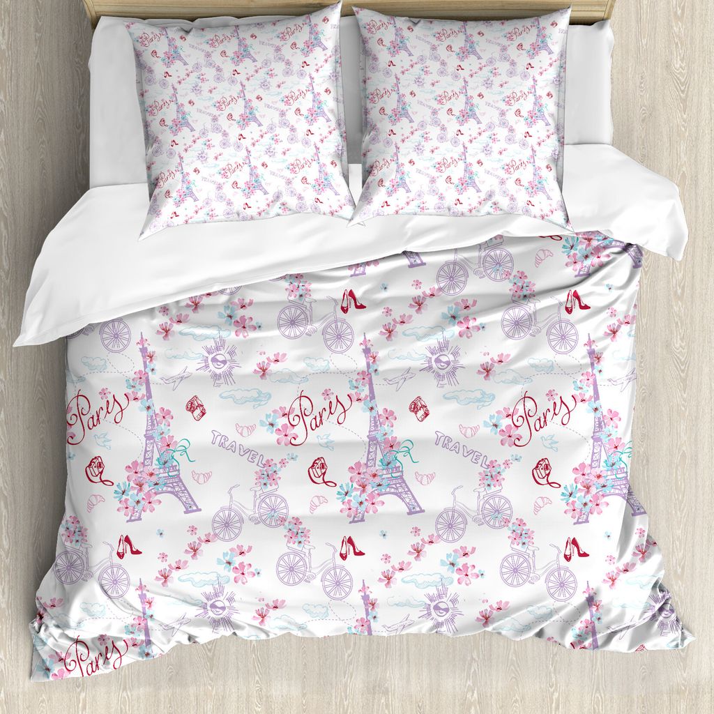 ABAKUHAUS Romantisch Bettbezug, Eiffelturm und Blumen, Milbensicher Allergiker geeignet mit Kissenbezügen, 200 cm x 200 cm - 80 x 80 cm, Blassblau...