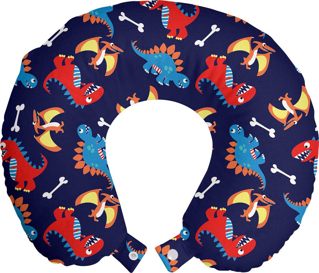 ABAKUHAUS Dinosaurier Reisekissen Nackenkissen, Dino Lustige Expressions, Schaumstoff Reiseartikel für Flugzeug und Auto, 30x30 cm, Orange Blau Rot