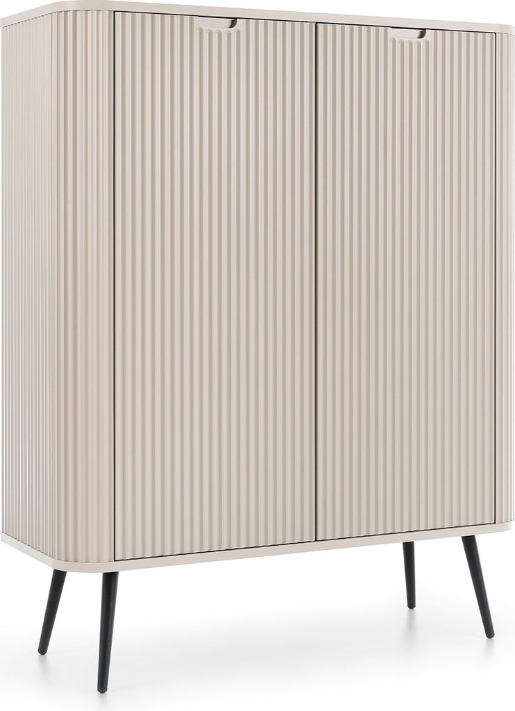 Kommode 100 cm Gerly - Loft, Metallbeine, geriffelten Fronten, 2 Türen - Sideboard mit Lamellen, Hochkommode auf Beinen (Beige / Schwarz)