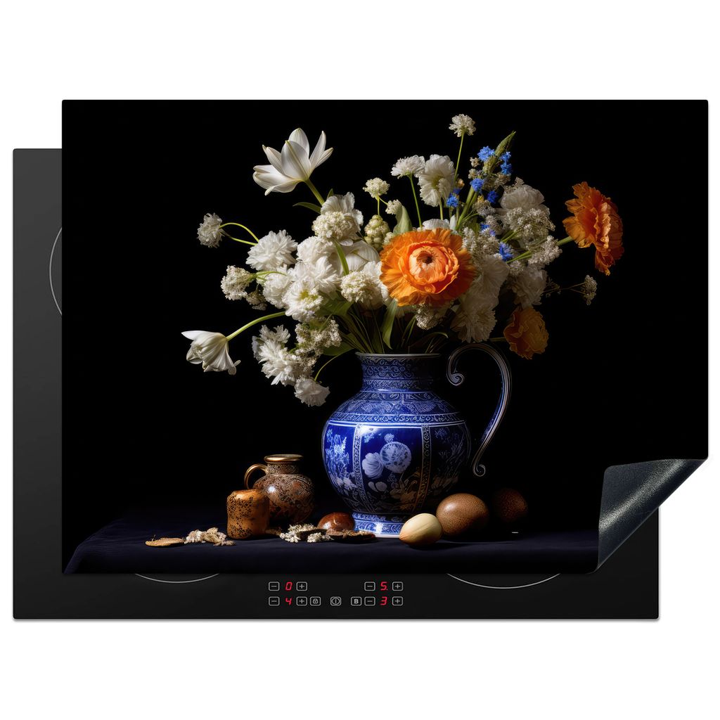 KitchenYeah Herdabdeckplatte Blumen - Delfter Blau - Krug - Stillleben - Niederländisch , 70x52cm, Küche Deko, Glaskeramikkochfeld Herdabdeckun...