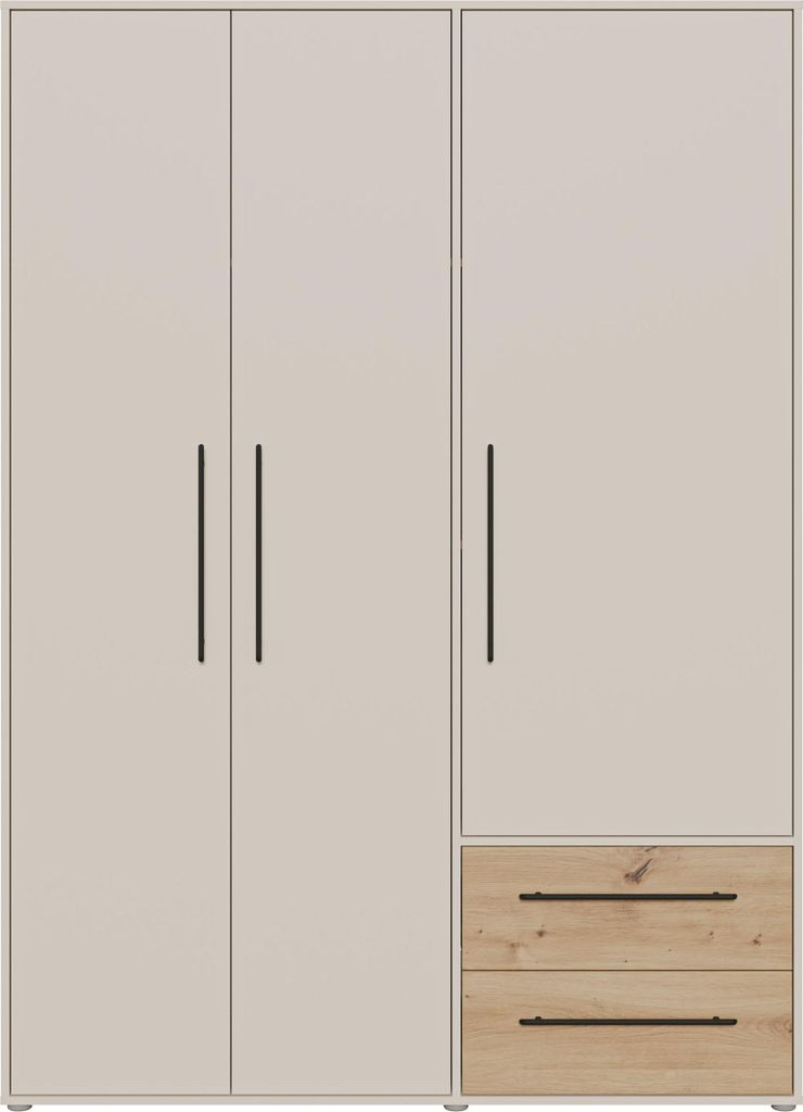 Forte MOKKARIS Kleiderschrank 140 150, moderner Drehtürenschrank, 3-türig, 2 Schubladen, Holzwerkstoff, Kaschmir Beige mit Artisan Eiche Holzdeko...