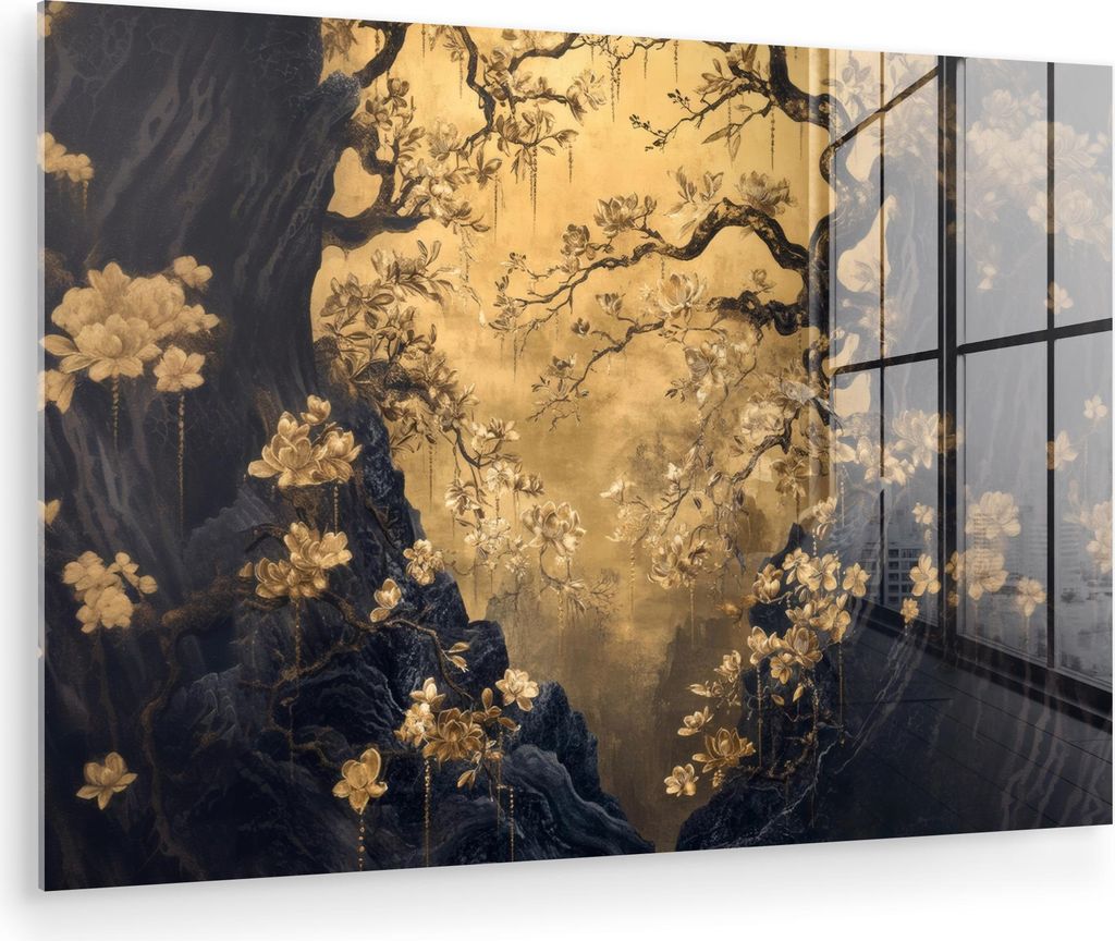 MuchoWow Glasbilder - Bilder auf Wandbild - Foto auf Glas Blumen - Zweige - Gold - Dekorativ 120x80 cm Wanddekoration aus Glas - Acrylglasbild - Ac...