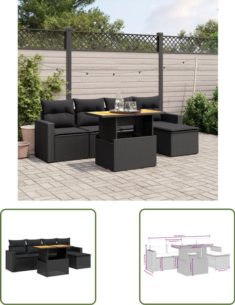 The Living Store 6-tlg. Garten-Sofagarnitur mit Kissen Schwarz Poly Rattan