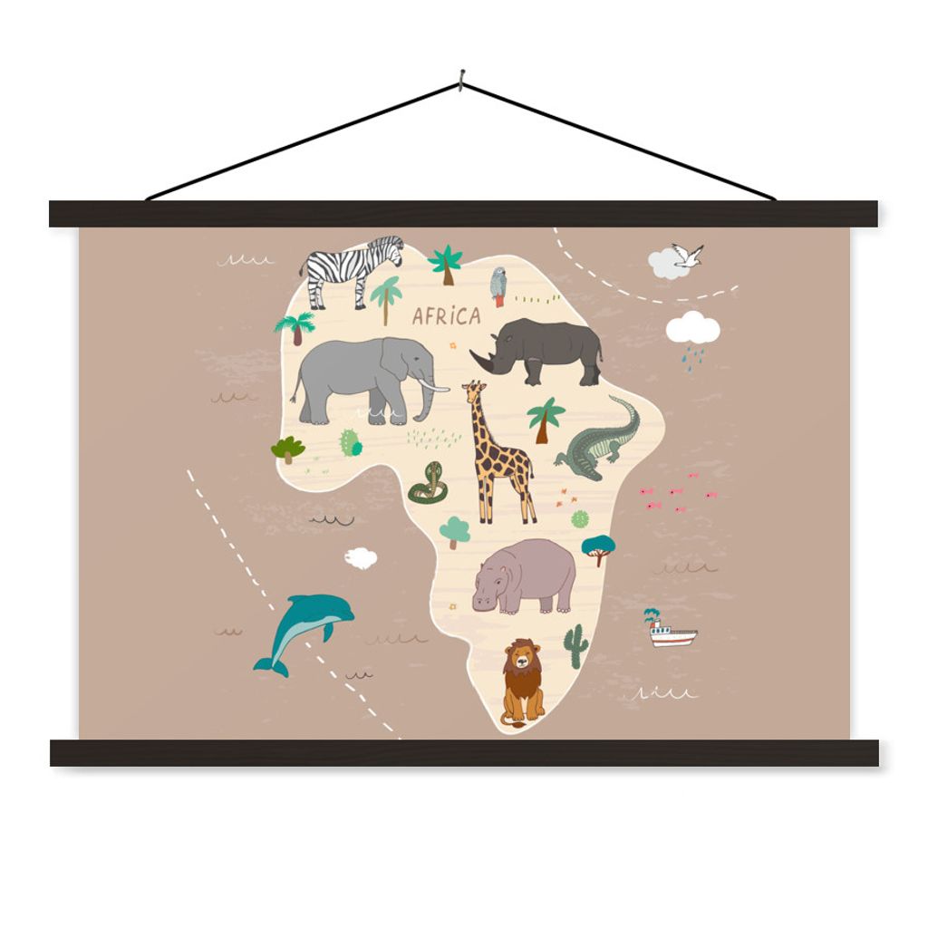 MuchoWow Textilposter Weltkarte - Kinder - Afrika - Tiere - Jungen - Mädchen 60x40 cm mit schwarzem Rahmen - Hölzernes