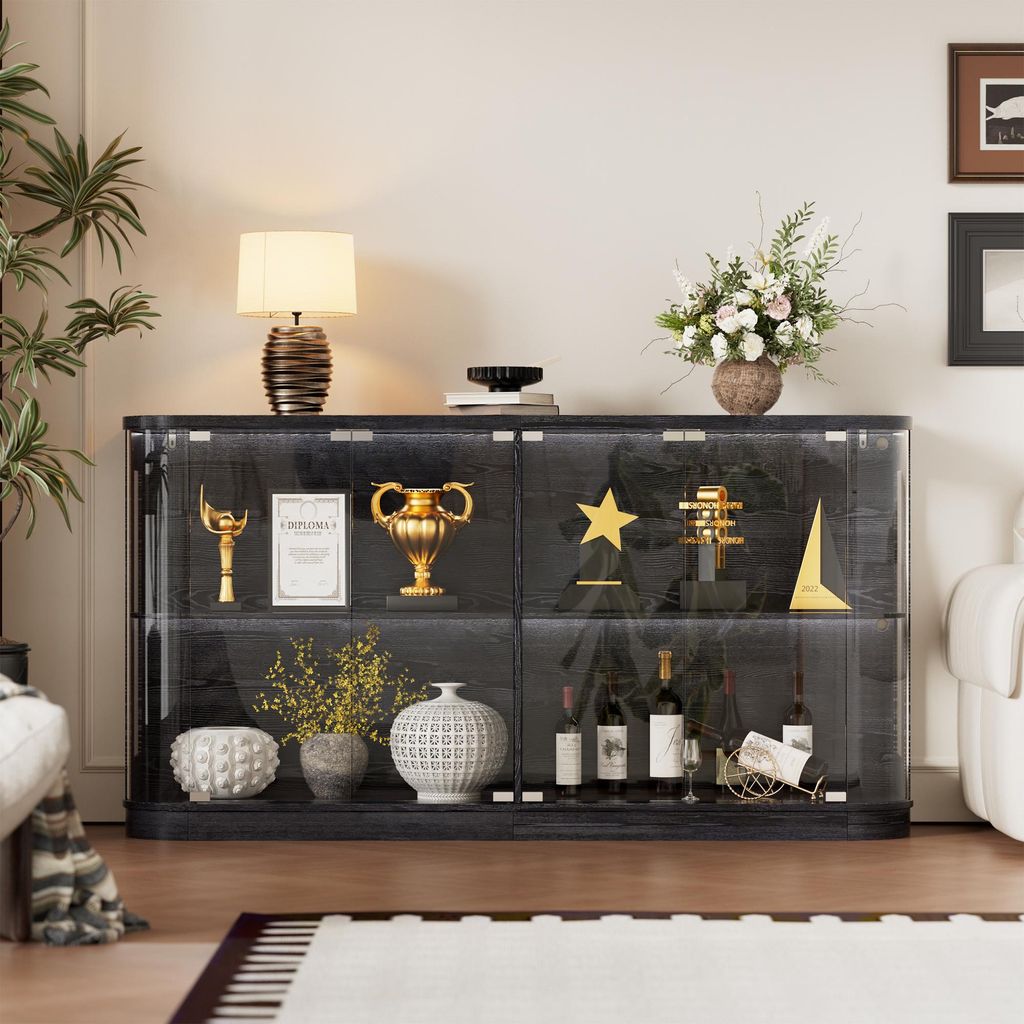 Große runde Vitrine Standvitrine Sideboard mit dreifarbiger Beleuchtung & Bewegungssensoren, 160*85cm, Glastüren, Acryl-Seitenwänden und Regalb...