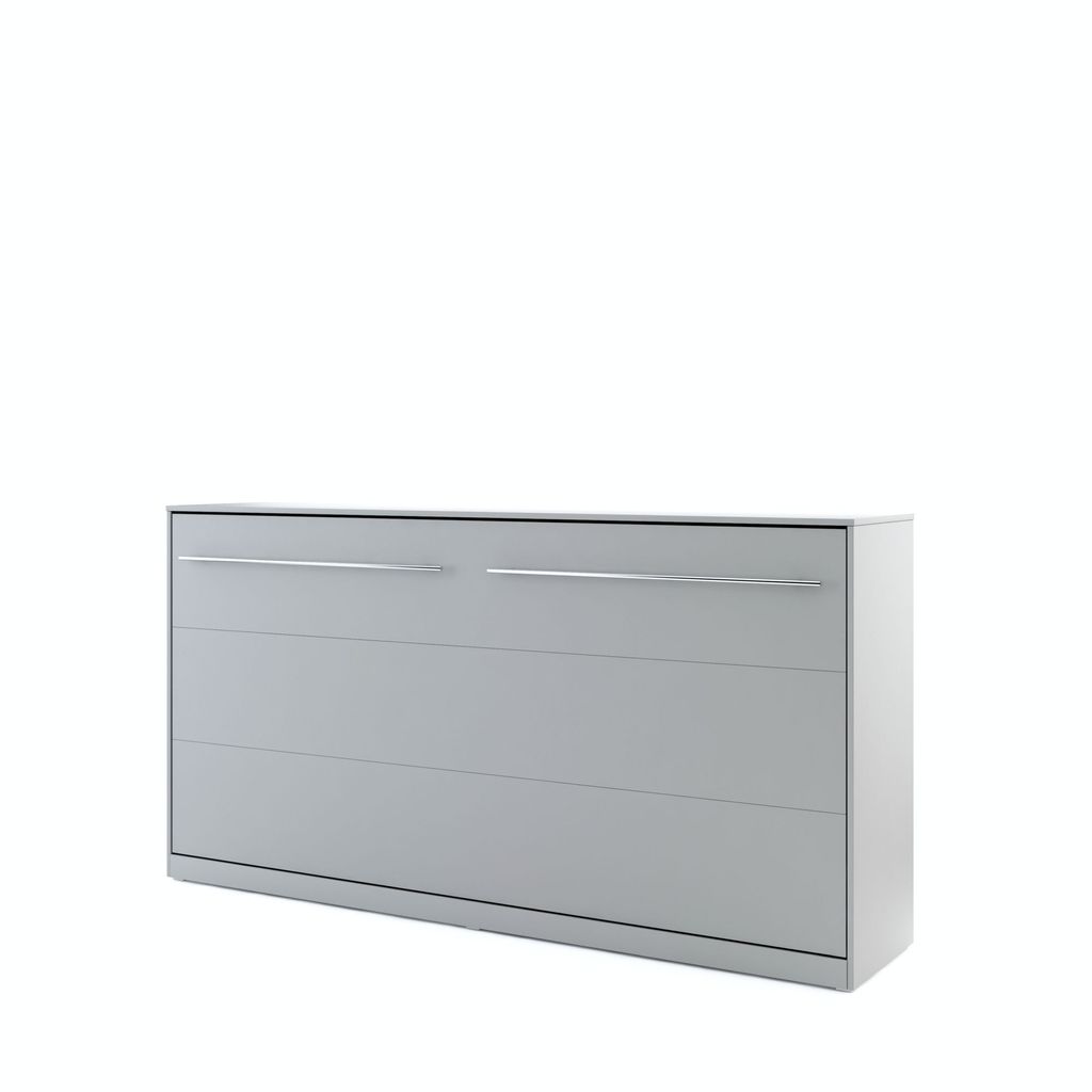 A closed wall bed unit with two horizontal handles.