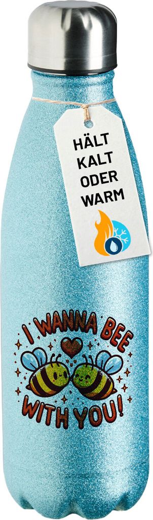Huuraa Trinkflasche Wanna Bee with you. Bienen 500ml Blue Edelstahl Wasserflasche Trinkflasche Geschenkidee