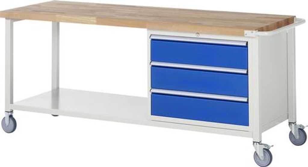 Mobile Werkbank mit Ablageboden - 3 XL Schubladen - Teilauszug - 180:3 - 880 x 2.000 x 700 mm (HxBxT) - Traglast 450 kg - Buche
