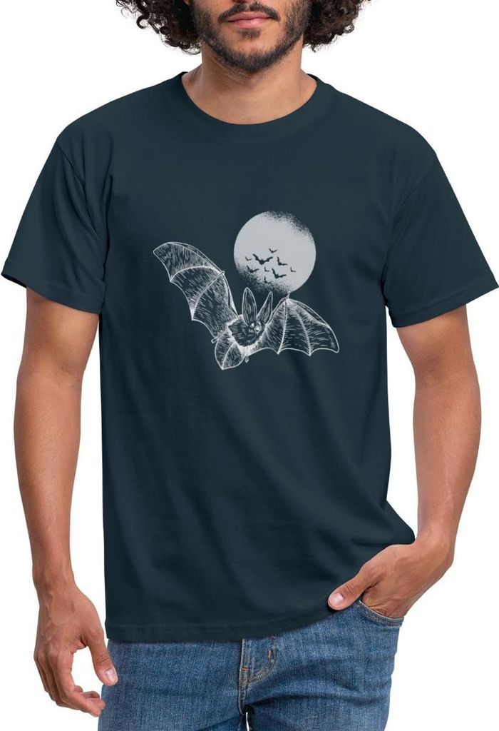 Spreadshirt Halloween Fledermaus Mit Vollmond Gruselig Männer T-Shirt, XL, Navy