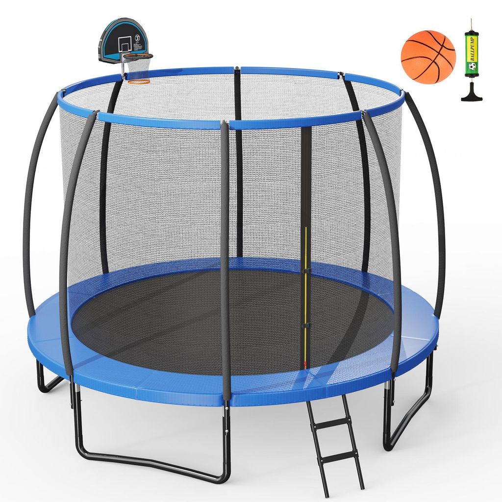 COSTWAY Trampolin, Gartentrampolin mit Leiter, Kindertrampolin, Trampolin mit Basketball, Sprungmatte, Sicherheitsnetz & Randabdeckung