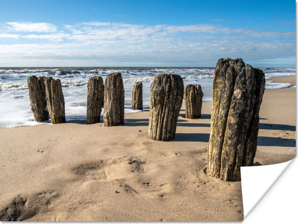 MuchoWow Poster Sand - Strand - Pfahl - Wasser - Sommer 40x30 cm - Plakate für die Wände - Poster Wohnzimmer